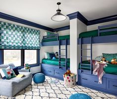 a bedroom with bunk beds and blue furniture