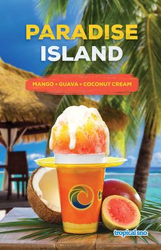 the cover of paradise island mango and guava coconut ice cream, with a slice of watermelon