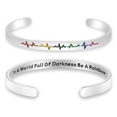 PRICES MAY VARY. ❤ LGBT Pride Flag Gifts❤This is a jewelry gift for homosexuals. This is an encouragement and support for them. Everyone has their own life choices. This is the life partner they choose for themselves. We should be happy for them. ❤Gay Pride Jewelry ❤The Cuff Bangle Engraved with”In A World Full Of Darkness Be A Rainbow”. Support for LGBTQ people, parades, rallies, etc. LGBT people have the freedom to love each other, and the pride rainbow bracelet is the best witness of perfect Trendy Jewelry For Pride Gifts, Pride Month Jewelry, Multicolor Jewelry For Pride Gift, Pride Flag Jewelry, Cheap Rainbow Jewelry For Pride, Pride Necklace, Gay Pride Gifts, Pride Jewellery, Rainbow Jewelry