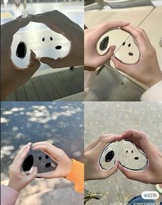 four different pictures of hands holding faces with holes in the middle and one has eyes