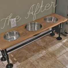 two metal bowls on a wooden table with the words the after written over them in white lettering