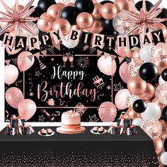 a birthday party with balloons, cake and confetti in pink and black colors