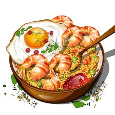 a bowl filled with rice and shrimp next to a fried egg