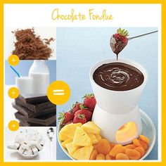 a chocolate fondant dip being poured into a bowl of fruit on a white plate