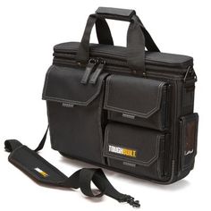 The ToughBuilt Quick Access Laptop Bag with Shoulder Strap is designed to organize and protect your 13 in.-17 in. laptop and accessories in the field. Rugged HardBody construction is combined with thick padding to make sure everything stays safe. Unique exterior pockets allow quick access to everything you carry. The largest pocket is padded and a perfect fit for the iPad Organizer + Grid Notebook (TB-56-IP-C) or ToughBuilt Organizer + Grid Notebook (TB-56-L-C). The zippered lid reveals a padded Canvas Tool Bag, Ipad Organizer, Tool Pouches, Tech Bag, Grid Notebook, Tool Bags, Tool Pouch, Tool Bag