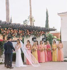 a bride and groom standing in front of their wedding party