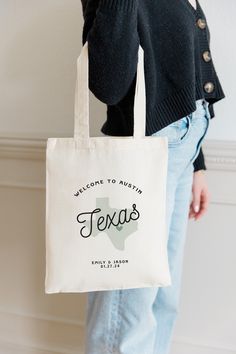 "Listing includes {1} tote bag printed the state of Texas and YOUR custom details. Such a unique way to welcome guests to your Texas wedding! You can use the dropdown menu to select how many bags you need and then leave us your desired heart location and custom text in the personalization box at checkout. Easy peasy! See below for more details: Bag Sizes / Options 9\" x 11\" Small tote: Petite in size but with the elevated look of a tote bag, perfect for gifting a few small items. 11\" x 13\" Medium Tote: Not too big, but not too small either! Perfect middle size between our small and large tote. See sample photos. 16\" x 15\" Large tote: What you think of when you picture a tote bag: roomy. Great for larger gifts/items. 9\" x 11\" Small tote + Custom Strap: Add text to the strap - insanel Customizable Rectangular Bag For Wedding Gift, Personalized White Bag For Wedding Gift, Wedding Gift Bag Tote, Wedding Gift Tote Bag, Heart Location, Wedding Tote Bag, Welcome Bag, Wedding Tote, Custom Strap