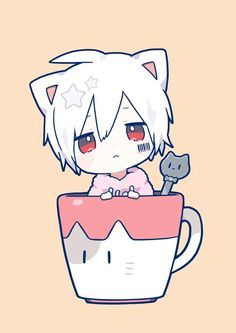 an anime character sitting in a cup with a cat on it's head and holding a