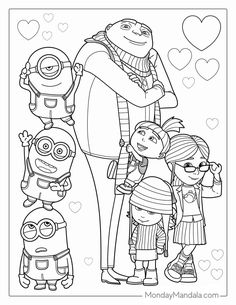 an adult and two children standing next to each other with the characters from despicable me