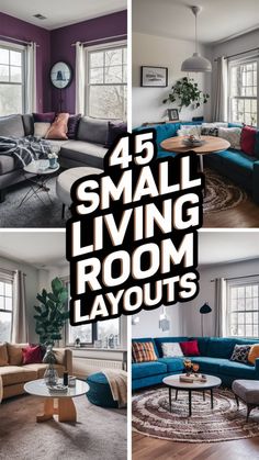 living room layouts with couches, chairs and coffee table in different colors on the walls