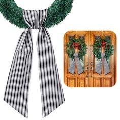 a christmas wreath and door hanger on a white background next to an image of a pair of striped bow ties