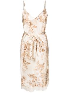 light beige silk all-over floral print V-neck spaghetti straps sleeveless tied waist floral-lace detailing below-knee length Printed Slip Dress, Dresses Beige, Beige Silk, Latest Fashion Design, Silk Slip Dress, Silk Slip, Vestido Casual, Feature Light, Light Beige