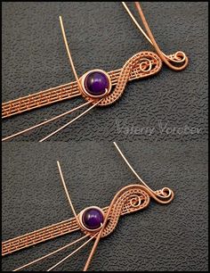 two pieces of wire with purple beads on them