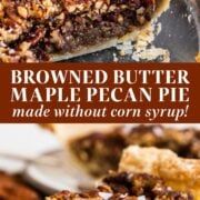 a piece of brownie butter maple pecan pie on a plate with the title above it