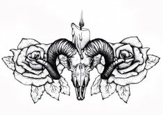 an ink drawing of a ram's head with roses around it and a candle