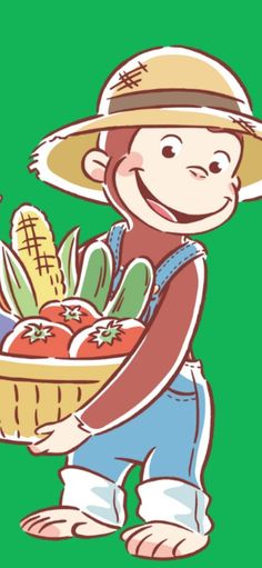 a cartoon monkey holding a basket full of tomatoes and corn in it's hands