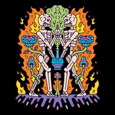 two skeletons sitting in front of an orange and blue fire with their hands on each other