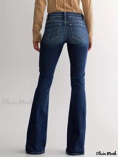 Olivia Mark - Double Button Whiskering Flare Leg Jeans, Mid Waist Retro Faded Watter Tipple Embossed Denim Pants, Women's Denim Jeans & Clothing Stretch Dark Wash Pants With Button Closure, Dark Wash Flare Jeans With Buttons For Fall, Stretch Denim Flare Jeans With Button Closure, Mid-rise Flare Jeans With Button Closure For Fall, High Rise Flare Jeans With Buttons For Fall, Mid-rise Button Closure Flare Jeans For Fall, Medium Wash Bottoms With Button Zip Fly For Fall, Dark Wash Bottoms With Button Zip Fly For Fall, Medium Wash Bottoms For Fall