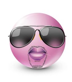 a pink ball with sunglasses on it and a woman's face in the middle