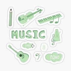 the words music are written in green and white stickers on a white background with musical instruments