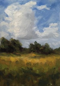 an oil painting of trees and grass on a cloudy day with blue sky in the background