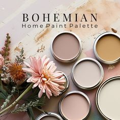 four paint cans with flowers and the words bohemian home paint palette