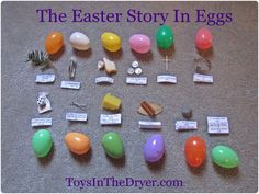 the easter story in eggs is on display