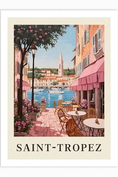 a painting of an outdoor cafe with tables and chairs next to the water in saint - tropez, france