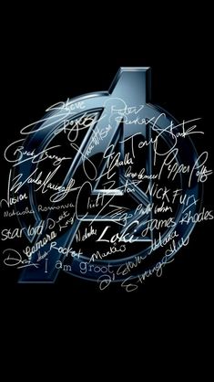 the avengers logo with many autographs written on it, all in blue and white