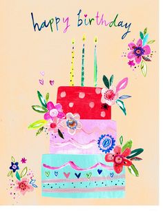 a birthday card with a multi - layered cake and flowers on the bottom, says happy birthday