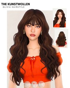 an animated image of a woman with long brown hair and orange top on her head