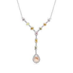 Uniquely elegant, this stunning drop necklace emits beguiling beauty. Crafted in 18K white gold, this pendant features a diamond micro pave & mixed fancy color diamond bail flowing into a peach round brilliant cut diamond in a pear shaped setting. Surprise your loved one with this gorgeous designer jewelry piece. 
1.32 carat fancy color mix
0.25 carat white diamonds
18k white gold

The Pendant design can be customized to suit your particular taste & budget with any Size, C Luxury Diamond White Jewelry With Detachable Pendant, Luxury Crystal Diamond Accented Necklace, Elegant Multicolor Teardrop Pendant Jewelry, Elegant Multicolor Teardrop Pendant Necklace, Elegant Luxury Diamond-shaped Necklace, Luxury Diamond-shaped Necklace With Diamond Accents, Luxury Diamond-shaped Necklace In Diamond White, White Gold Chains, Diamond Chain