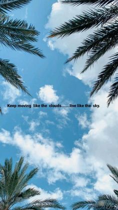 palm trees and clouds with the words keep moving like the clouds live like the sky