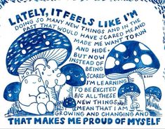 a blue and white poster with an elephant sitting in front of some mushrooms that says, it feels like i'm doing so many things