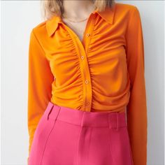 Super Cute And Vibrant Long Sleeve Shirt Scrunched Detail Neon Orange Color Nwt Orange Drapes, Draped Shirt, Orange Fits, Balloon Sleeve Top, Zara Tops Blouses, Orange Blouse, Zara Shirt, Zara Blouse, Spring Trends