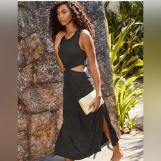 Beyond Yoga Size M Color Black Wide Round Neckline Front Twist Detail Side Slits On Both Sides Relaxed Fit Midi Length Black Maxi Dress With Split Hem For Summer, Black Maxi Dress With Side Slits For Vacation, Black Summer Dresses With Split Design, Black Summer Dress With Split Design, Black Split Design Dress For Summer, Black Sleeveless Maxi Dress With Split Design, Black Split Dress For Beach, Beach Midi Dress With Split Hem, Casual Beach Midi Dress With Split Hem