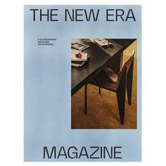 the new era magazine is on display in front of a blue background with an image of a table and chairs