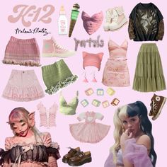 a collage of dolls, clothes and other items on a pink background with text