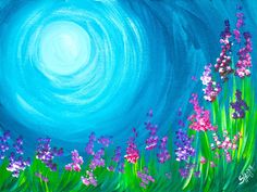 an acrylic painting of purple flowers and green grass in front of a blue sky