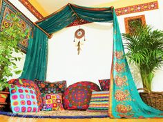 Turquoise bed canopy - custom made saree canopy frame with handcrafted walnut wood rods | bed curtains - meditation space - The Shanti Home Bedrotting Core, Canopy Curtain Ideas, Bohemian Porch Ideas, Hippie Bedroom Decor Bohemian Style, Goddess Bedroom, Boho Painted Furniture, Indian Inspired Bedroom, Boho Bed Canopy, Bed Meditation