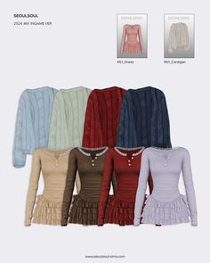 six different colored dresses with long sleeves and ruffled hems, all in various colors