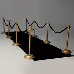 a line of black carpet with gold poles and ropes attached to each pole, in front of a white background