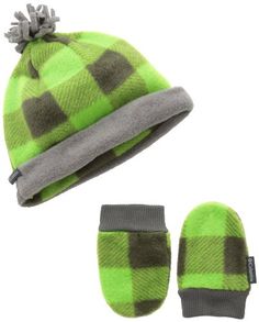 green and gray plaid hat, mitts and gloves for baby to wear in winter