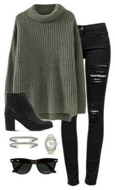 Chic Bob, Trendy Winter Fashion, Olive Sweater, Pullovers Outfit, Stil Boho, Pullover Outfit, Black Ripped Jeans, Outfit Jeans, Chic Sweaters