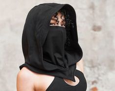 Face Mask Black Assassin, Medieval Women Dress, Rave Outfits Women, Medieval Hats, Hoodie Mask, Hat With Veil, Long Winter Coats Women, Face Scarf, Festival Outfits Women