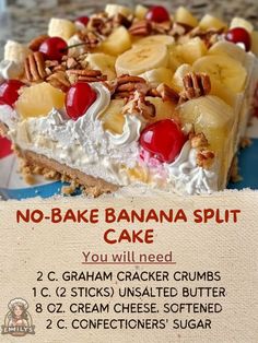 a no bake banana split cake on a plate