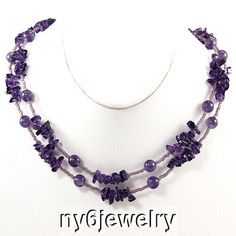 Purple Amethyst Chip Long Necklace 46'' GemStone Type ---  Amethyst  Size: Purple Amethyst beads size: round beads size about 8x8mm, nugget beads size about 6x4mm. Necklace length size is 46". Or please email us if you would like the necklace be longer or shorter, good price too! (26mm=1inch) Others: Pewter Toggle Clasp. Package weight:  About 3 oz.  It is the newest fashion jewelry, good shiny surface quality.          Very HOT designs this season.         Nice gift idea for you or someone you Amethyst Necklace With 108 Beads For Gifts, Unique Amethyst Beaded Necklace, Purple Amethyst Necklace With Faceted Beads, Purple Large Beaded Necklace, Polished Amethyst Beaded Necklace, Artisan Jewelry Necklaces, Handcrafted Artisan Jewelry, Amethyst Beads, Toggle Clasp