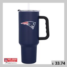 the new england patriots travel mug is shown