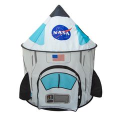 an inflatable space ship shaped tent with nasa on the front and american flag on the back