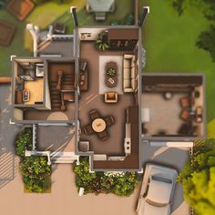 an aerial view of a house with furniture and landscaping